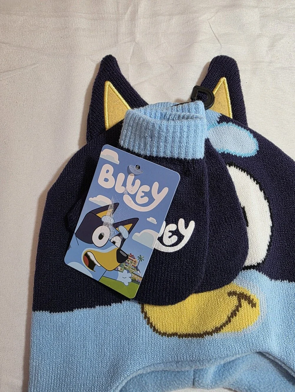 Bluey Kids Earflap Beanie Hat And Mittens Set Light Blue & Navy NWT